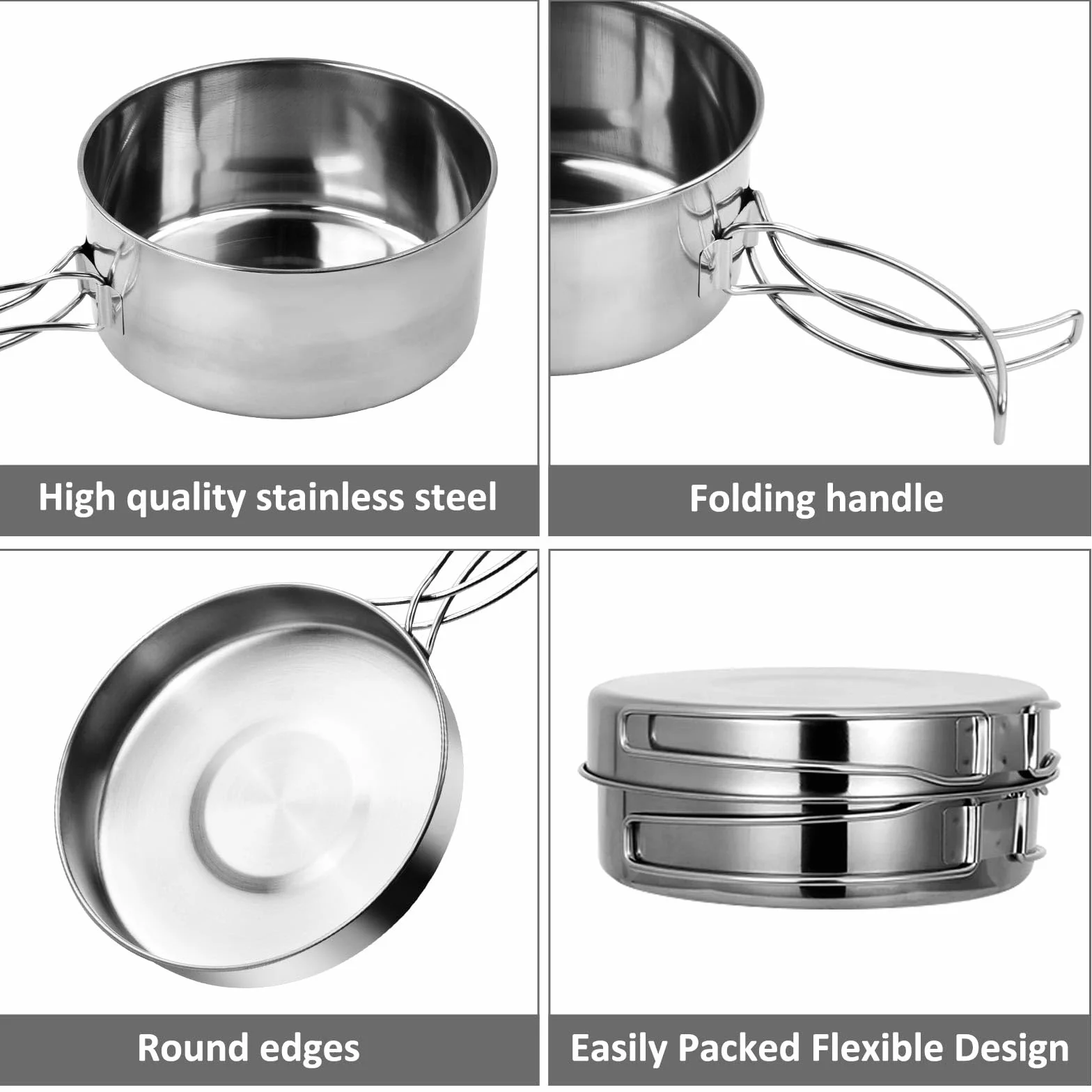 Dokeno 4 PCS Set di Pentole da Campeggio in Acciaio Inox, Pentola Pieghevole e Leggera per Outdoor, Picnic, Trekking e Escursione per 1-2 Persone