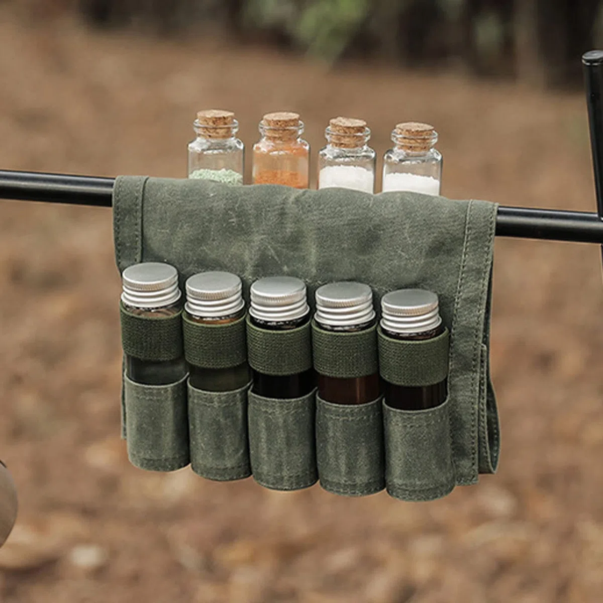 Borsa Per Spezie Portatile, Kit Per Spezie da Campeggio, Porta Barattolo Per Condimenti Portatile Pieghevole in Tela con 9 Tasche, Facile da Trasportare, Kit Per Condimenti da Campeggio(verde)