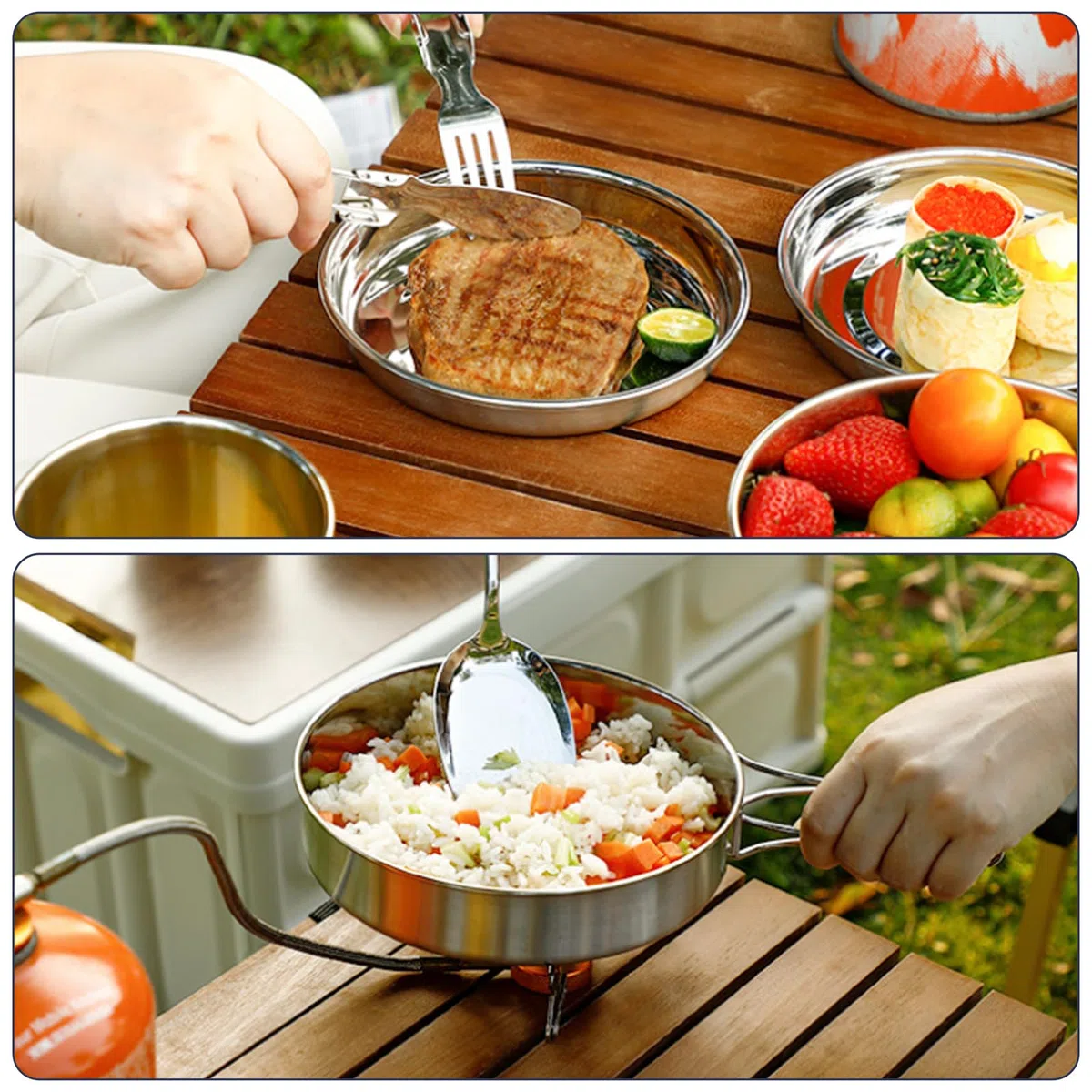 Set di 4 pentole da campeggio, in acciaio inox 304, con padella, portatile, set di pentole da campeggio, posate pieghevoli per esterni, per pentole da viaggio, escursionismo