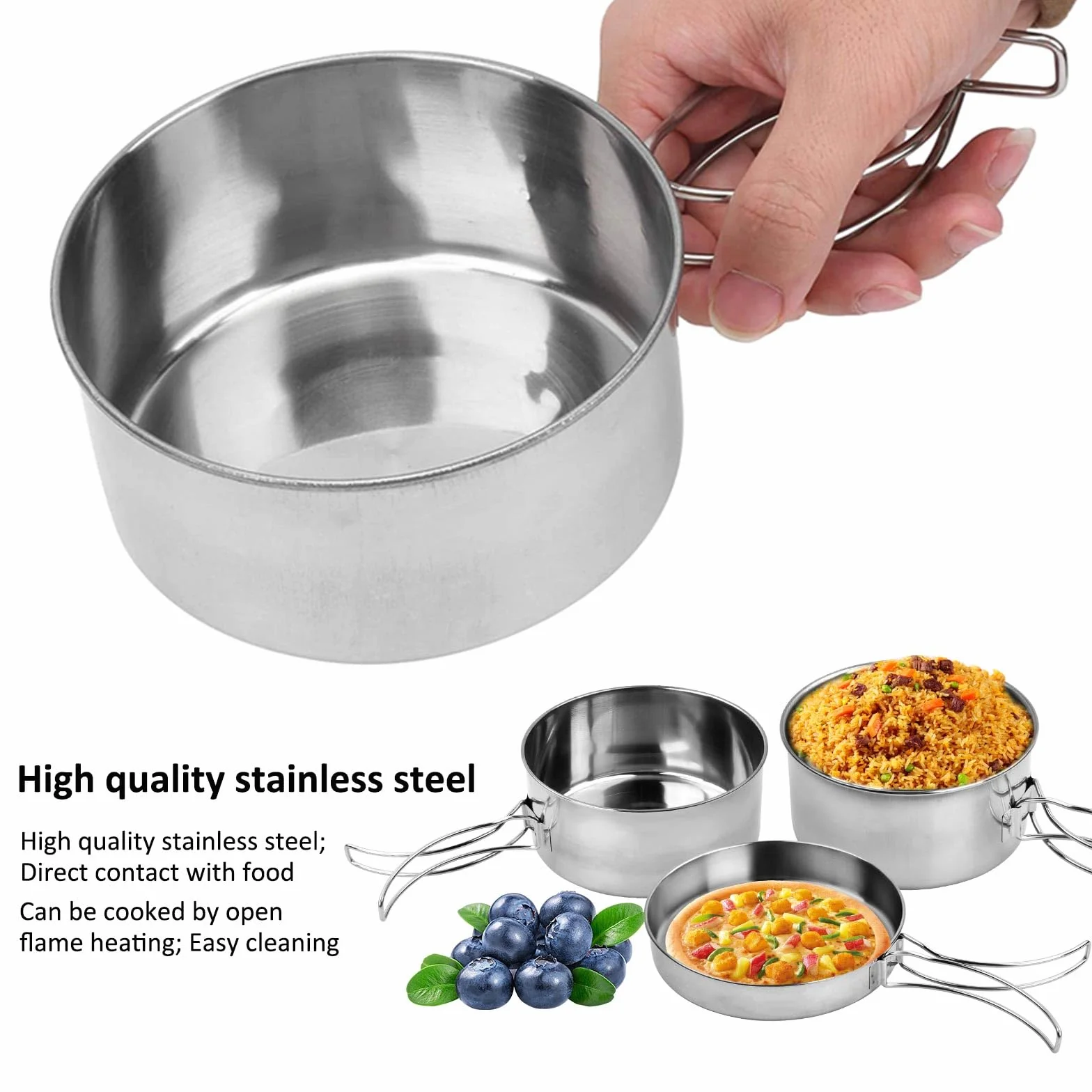 Dokeno 4 PCS Set di Pentole da Campeggio in Acciaio Inox, Pentola Pieghevole e Leggera per Outdoor, Picnic, Trekking e Escursione per 1-2 Persone