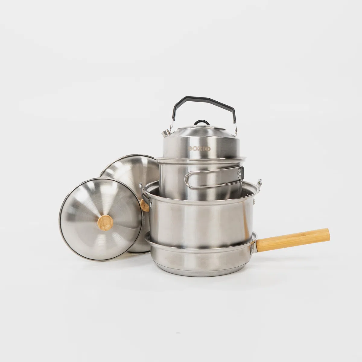 BOXIO - Cookware: padella da campeggio e set di pentole in acciaio inox da campeggio con padella, bollitore e pentole, ideale per cucina da campeggio, fornello a gas o fornello da campeggio, cucina