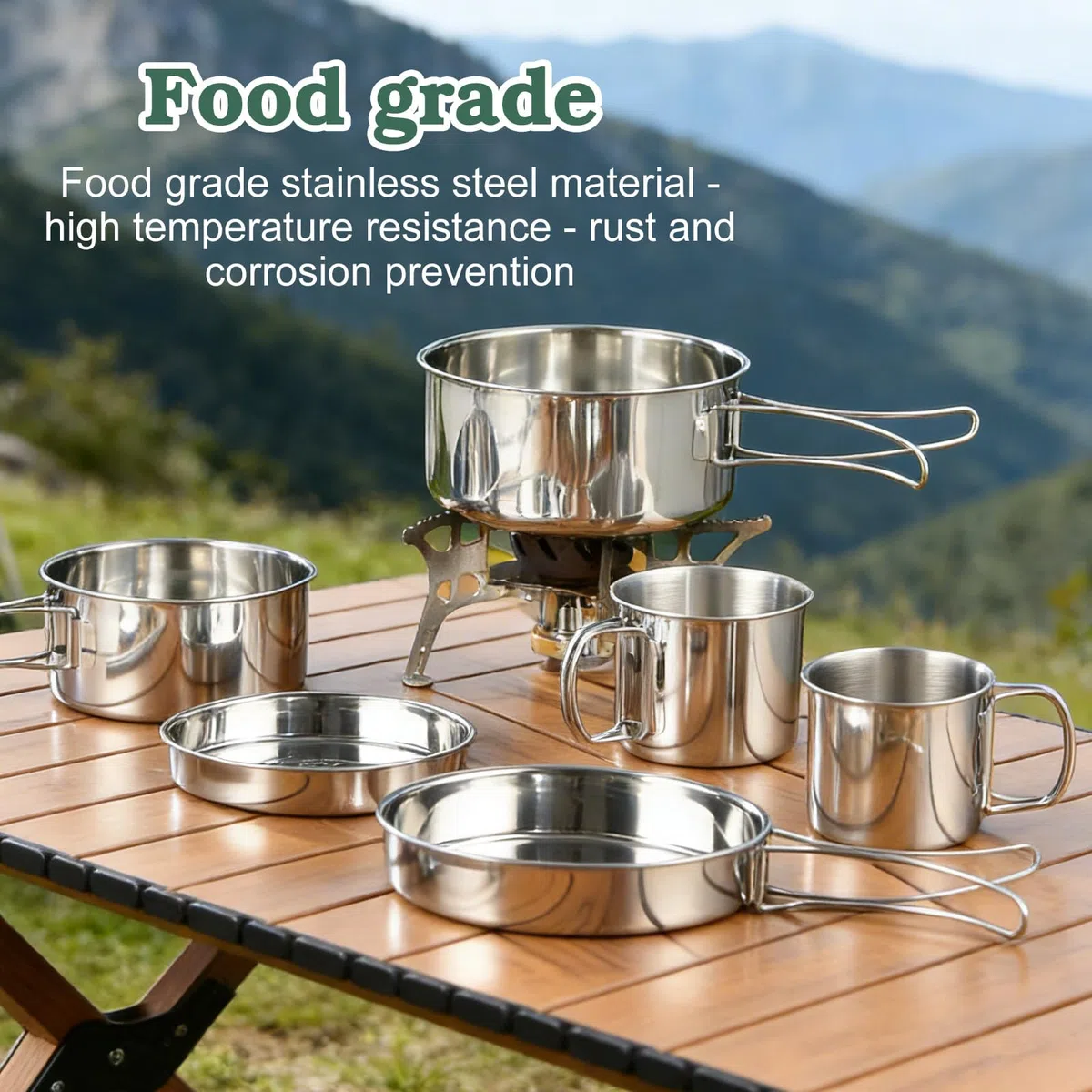 Set di 5 pentole da campeggio, in acciaio inox, da campeggio, da cucina, con coperchio e manico, pieghevole e impilabile, per escursioni, picnic, viaggi