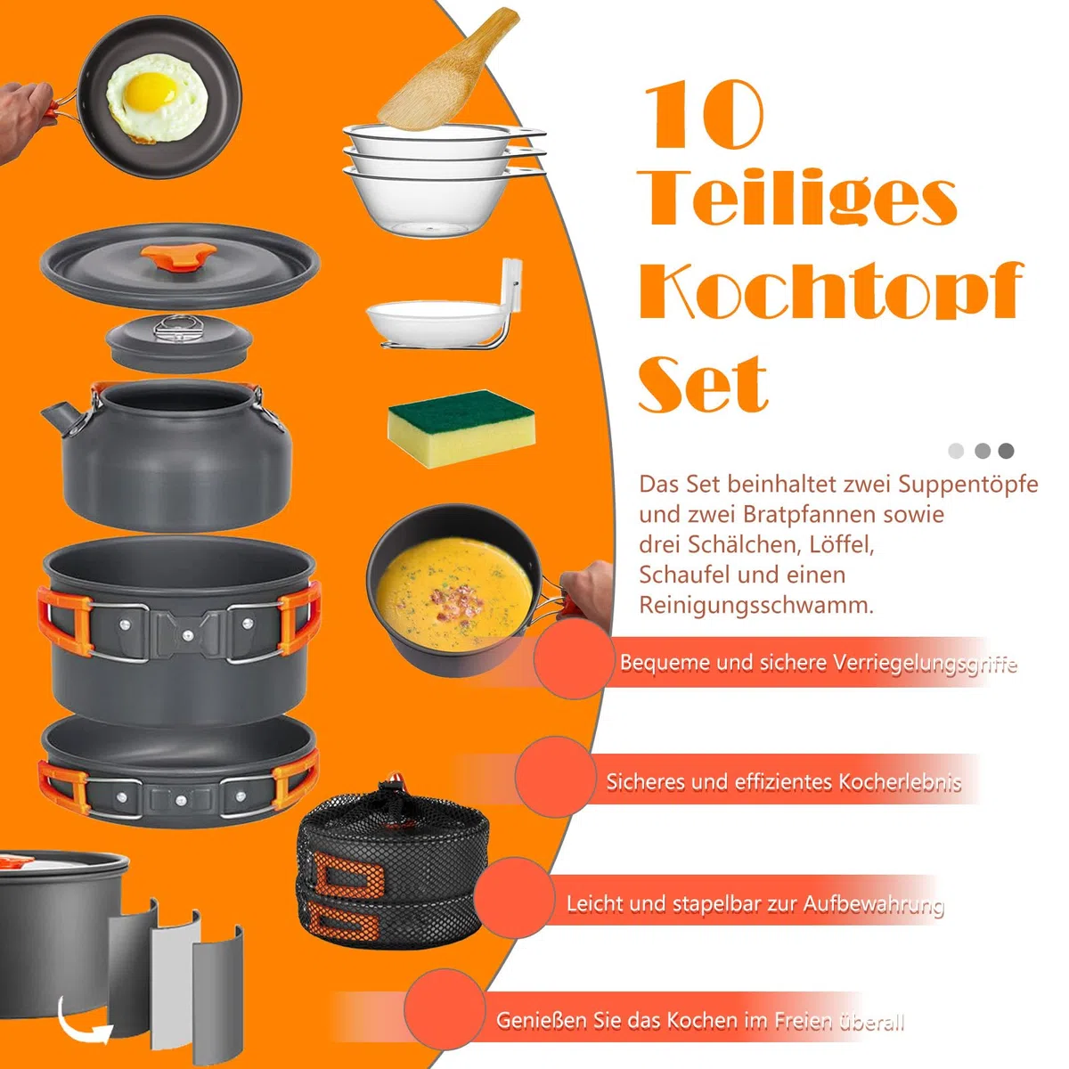 10 PCS Campeggio Pentole Utensili Set per 3-4 Persone, Campeggio Pentole Utensili Set da Cucina, Outdoor Bollitore Padella per Campeggio, Trekking Escursioni Cucina Outdoor e Picnic