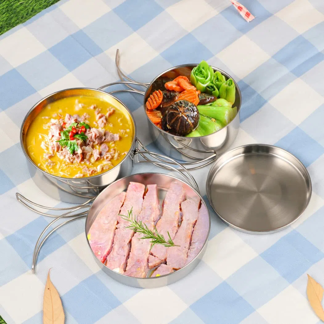 Set di pentole da campeggio in acciaio inox da campeggio, 4 pezzi, pentole e padelle portatili per picnic