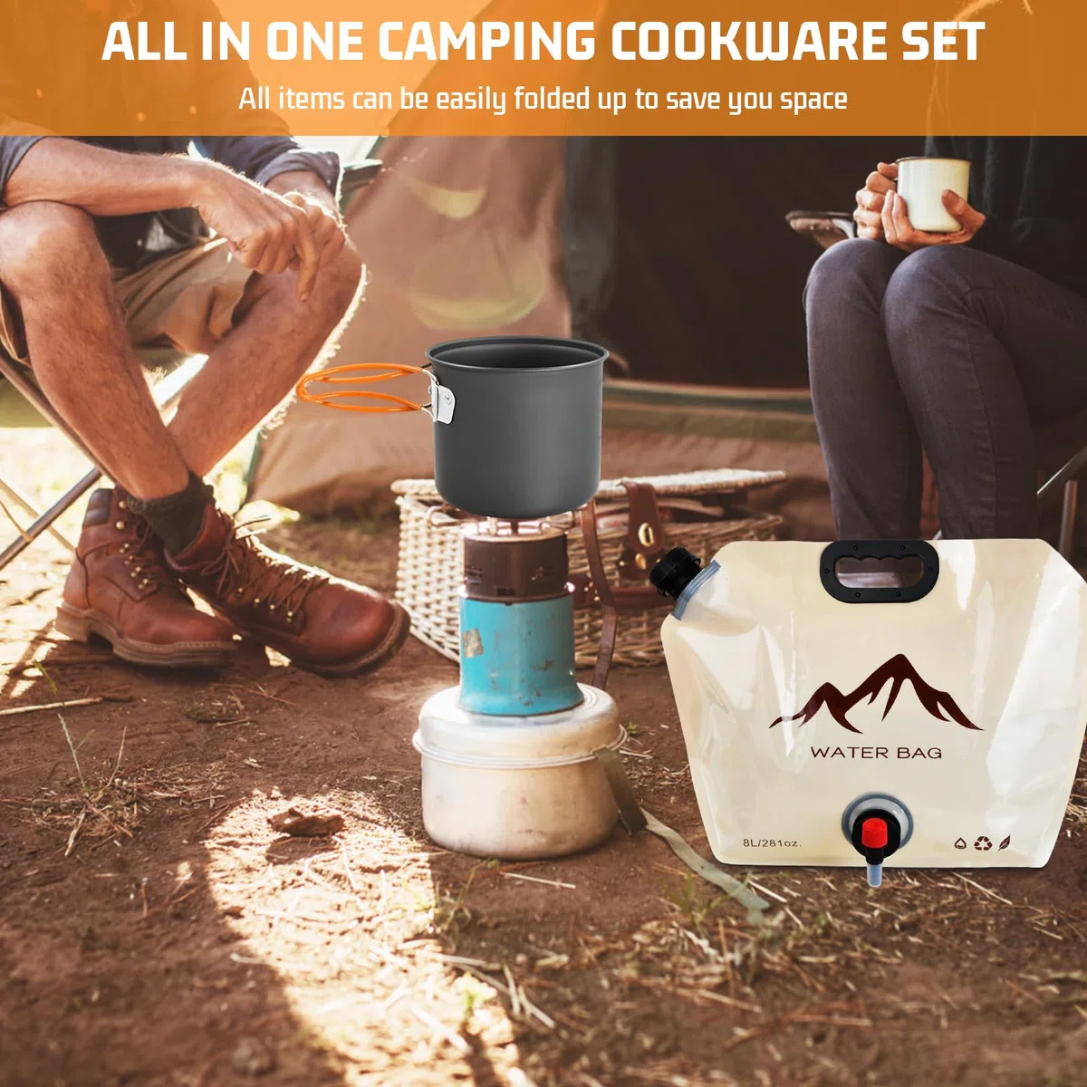 Set di Pentole da Campeggio Cucina Campeggio Utensili Set Gavetta Campeggio Portabile con Fornellino da Campeggio Tazza Piatti Posate Pieghevoli per Picnic Zaino in Spalla Trekking Escursionismo
