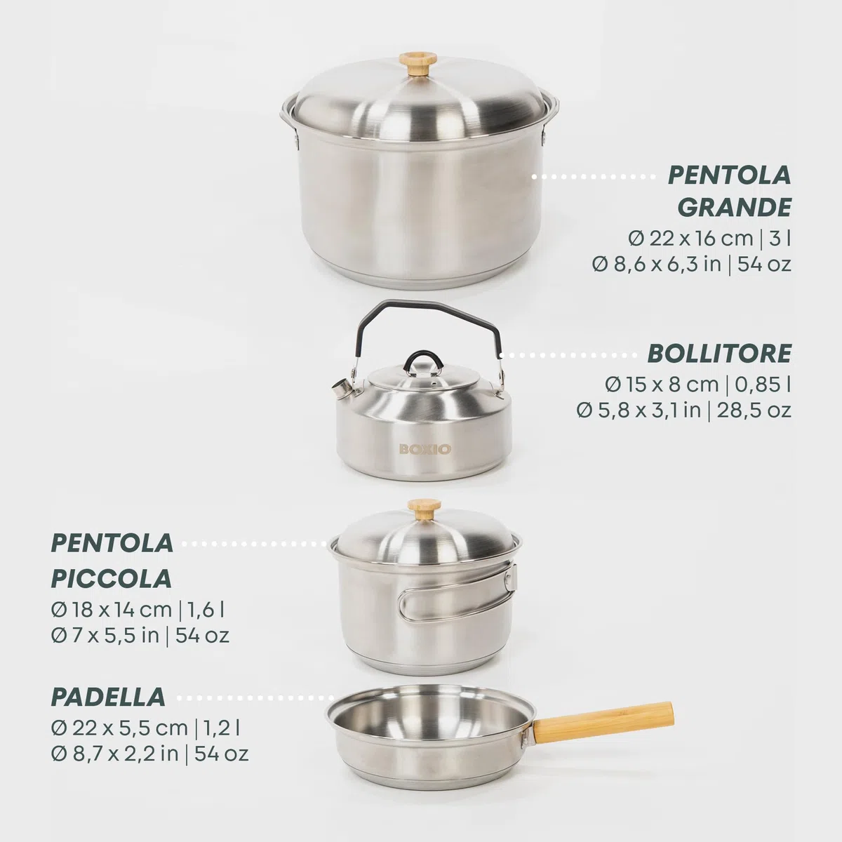 BOXIO - Cookware: padella da campeggio e set di pentole in acciaio inox da campeggio con padella, bollitore e pentole, ideale per cucina da campeggio, fornello a gas o fornello da campeggio, cucina