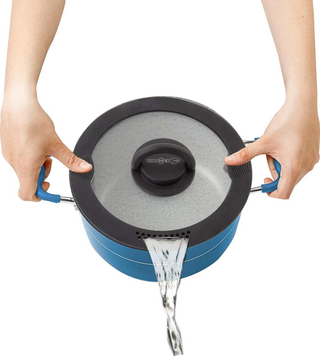 Brunner Carezza Magnetogrip - Set di pentole e padelle in ceramica antiaderenti compatibili con induzione, per camper, roulotte e barca, design impilabile salvaspazio con manici magnetici pieghevoli