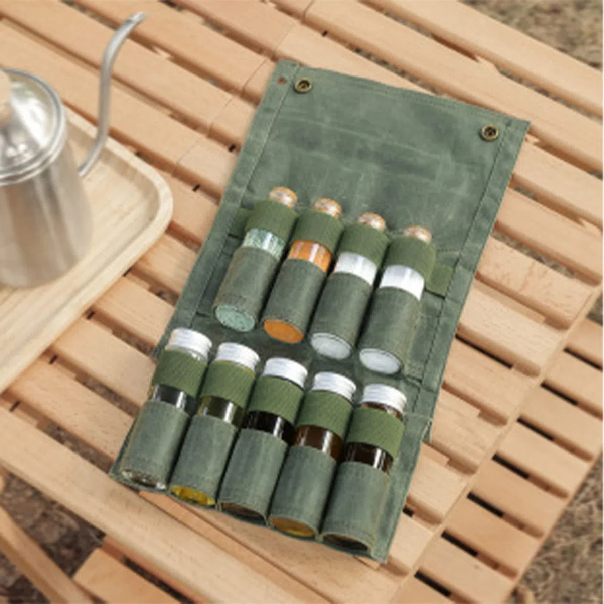Borsa Per Spezie Portatile, Kit Per Spezie da Campeggio, Porta Barattolo Per Condimenti Portatile Pieghevole in Tela con 9 Tasche, Facile da Trasportare, Kit Per Condimenti da Campeggio(verde)