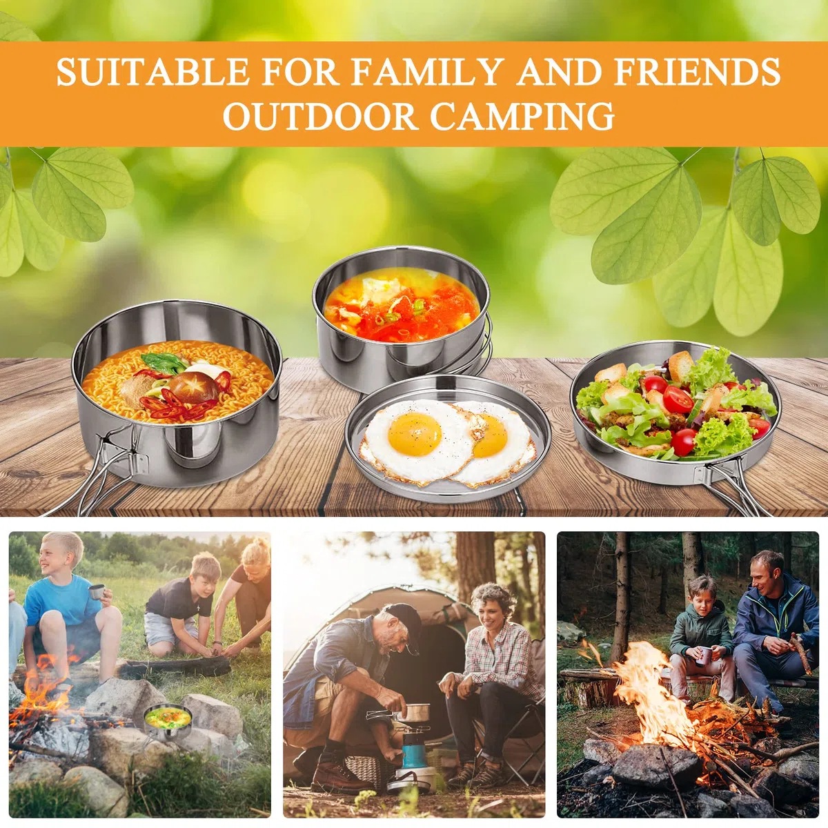 Set di Pentola da Campeggio in Acciaio Inox, Pentola Pieghevole e Impilabile per Outdoor, Utensili da Cucina da Campeggio con Pentola Padella da Campeggio, Tazza, Posate Pieghevoli e Sacchetti
