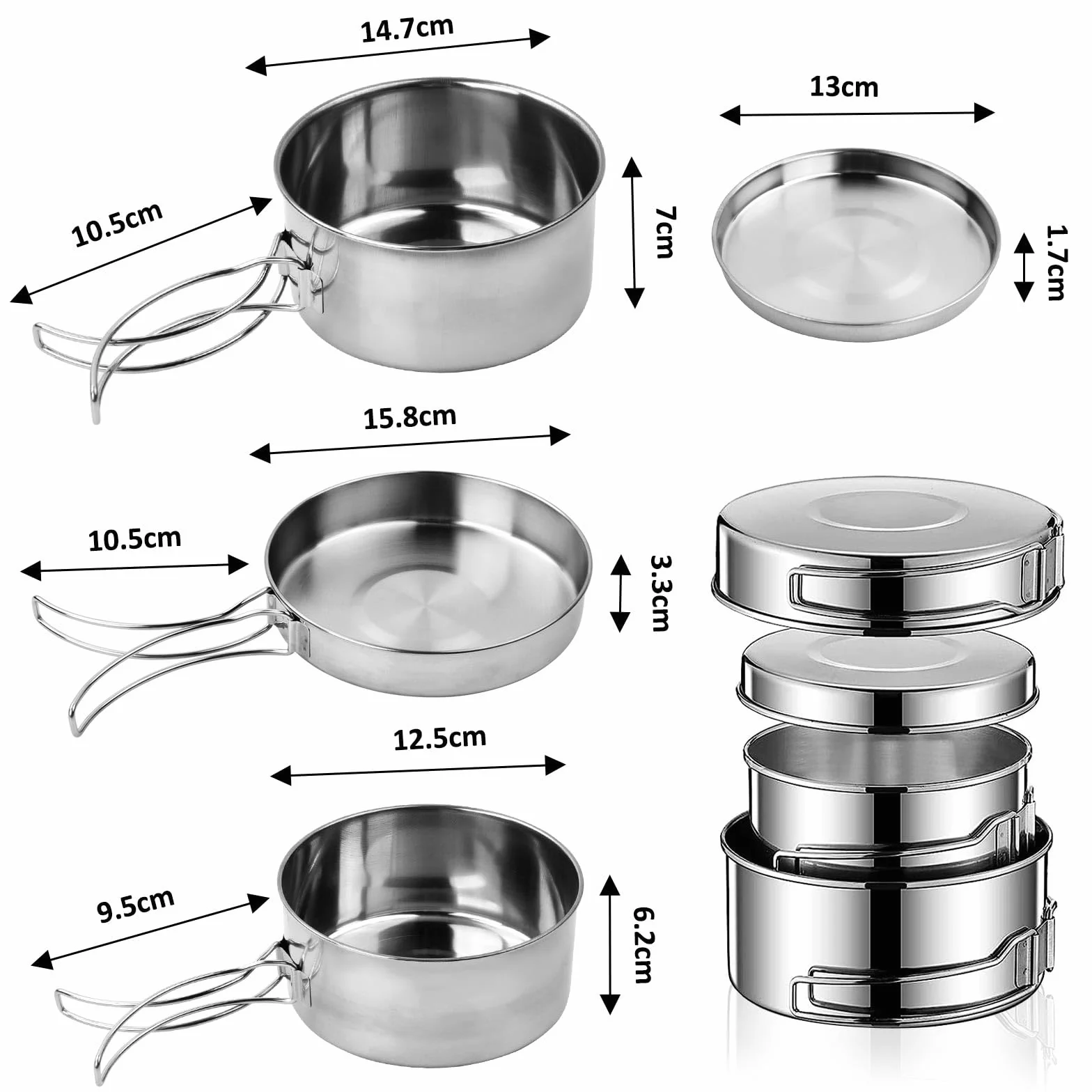 Dokeno 4 PCS Set di Pentole da Campeggio in Acciaio Inox, Pentola Pieghevole e Leggera per Outdoor, Picnic, Trekking e Escursione per 1-2 Persone