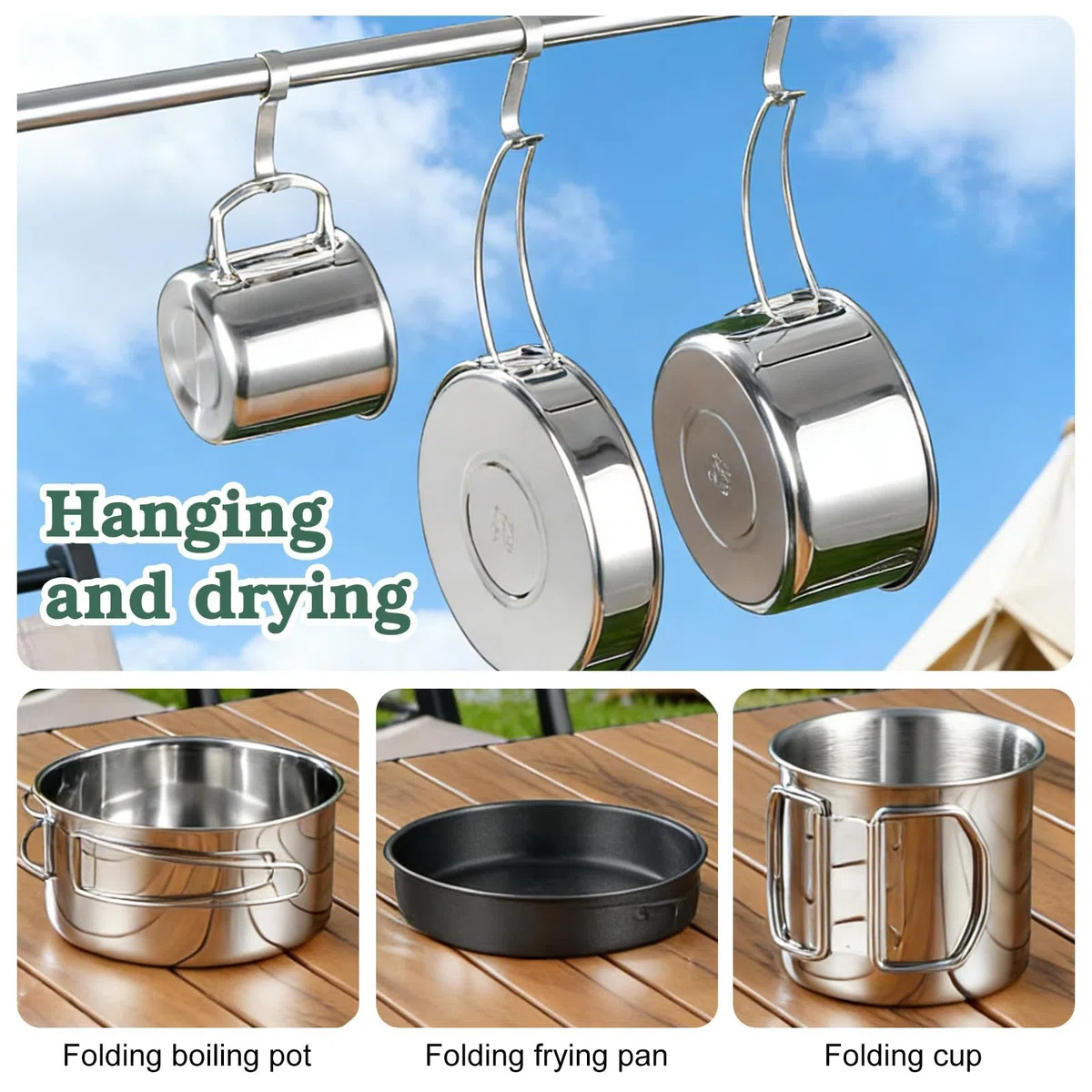 Set di 5 pentole da campeggio, in acciaio inox, da campeggio, da cucina, con coperchio e manico, pieghevole e impilabile, per escursioni, picnic, viaggi