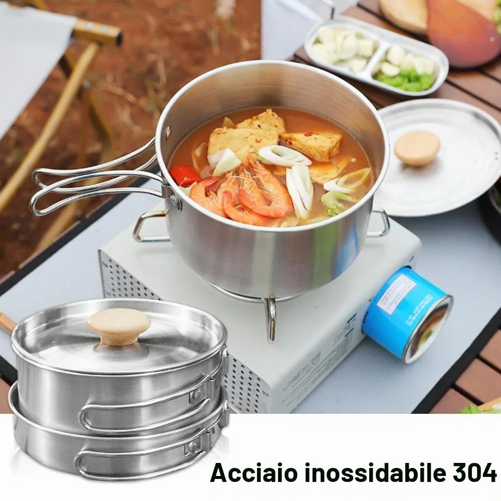 Set di pentole da campeggio, in acciaio inox, con coperchio e manico pieghevole, portatile, per campeggio, escursionismo, pesca, picnic