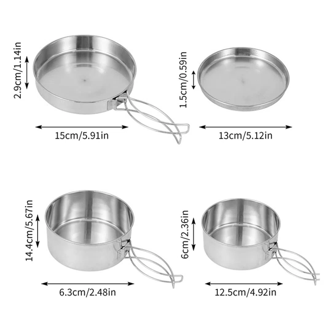 Set di pentole da campeggio in acciaio inox da campeggio, 4 pezzi, pentole e padelle portatili per picnic
