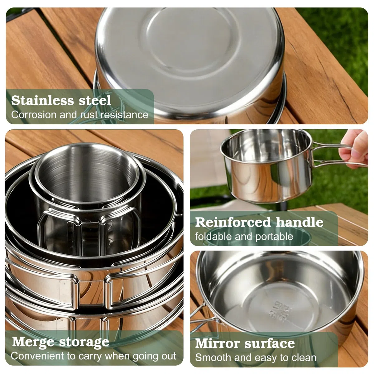 Set di 5 pentole da campeggio, in acciaio inox, da campeggio, da cucina, con coperchio e manico, pieghevole e impilabile, per escursioni, picnic, viaggi