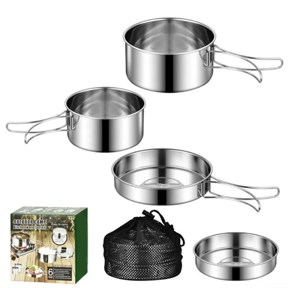 Set di 4 pentole da esterno in acciaio inox portatile da campeggio con manici pieghevoli, per escursioni, picnic, 2-3 persone