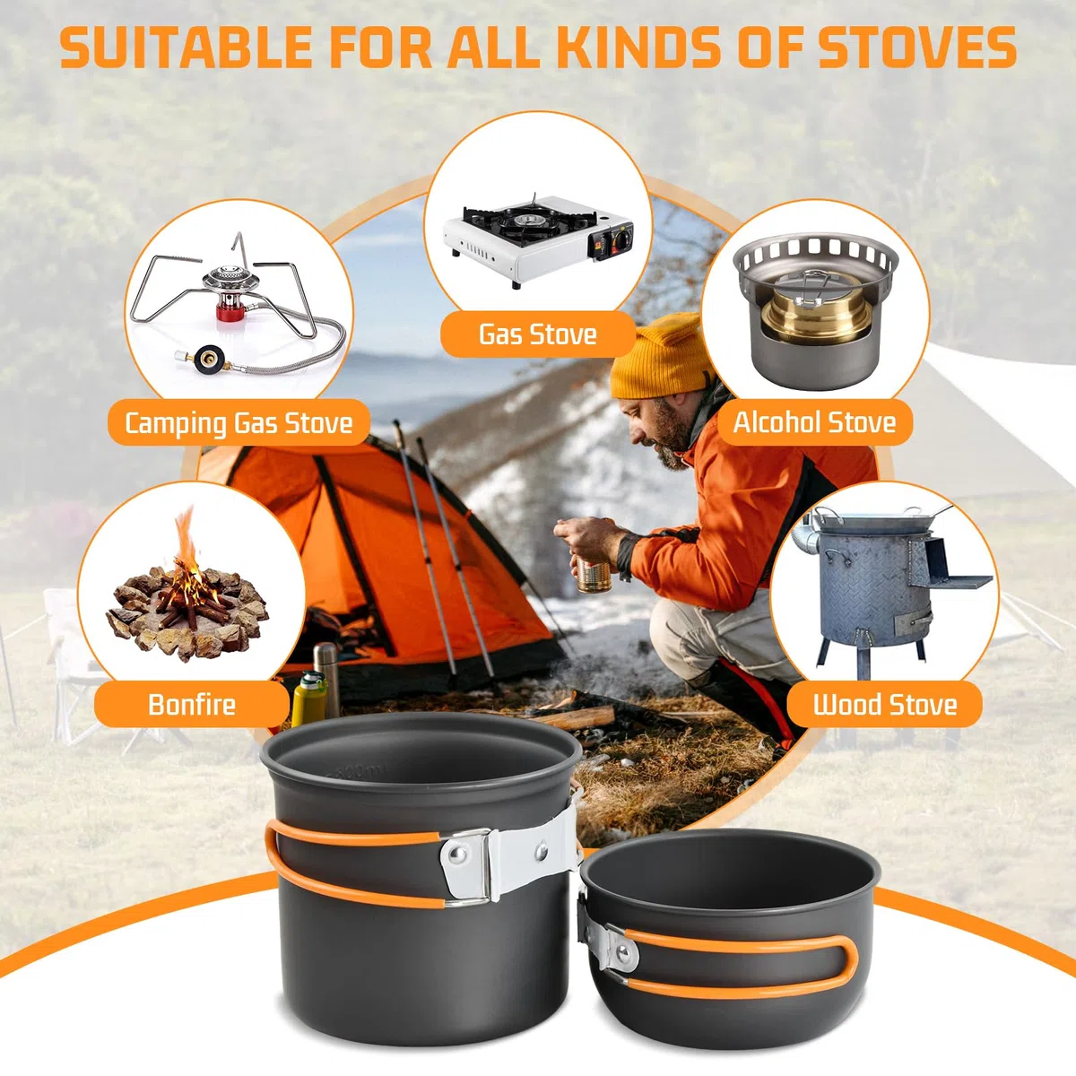 Set di Pentole da Campeggio Cucina Campeggio Utensili Set Gavetta Campeggio Portabile con Fornellino da Campeggio Tazza Piatti Posate Pieghevoli per Picnic Zaino in Spalla Trekking Escursionismo