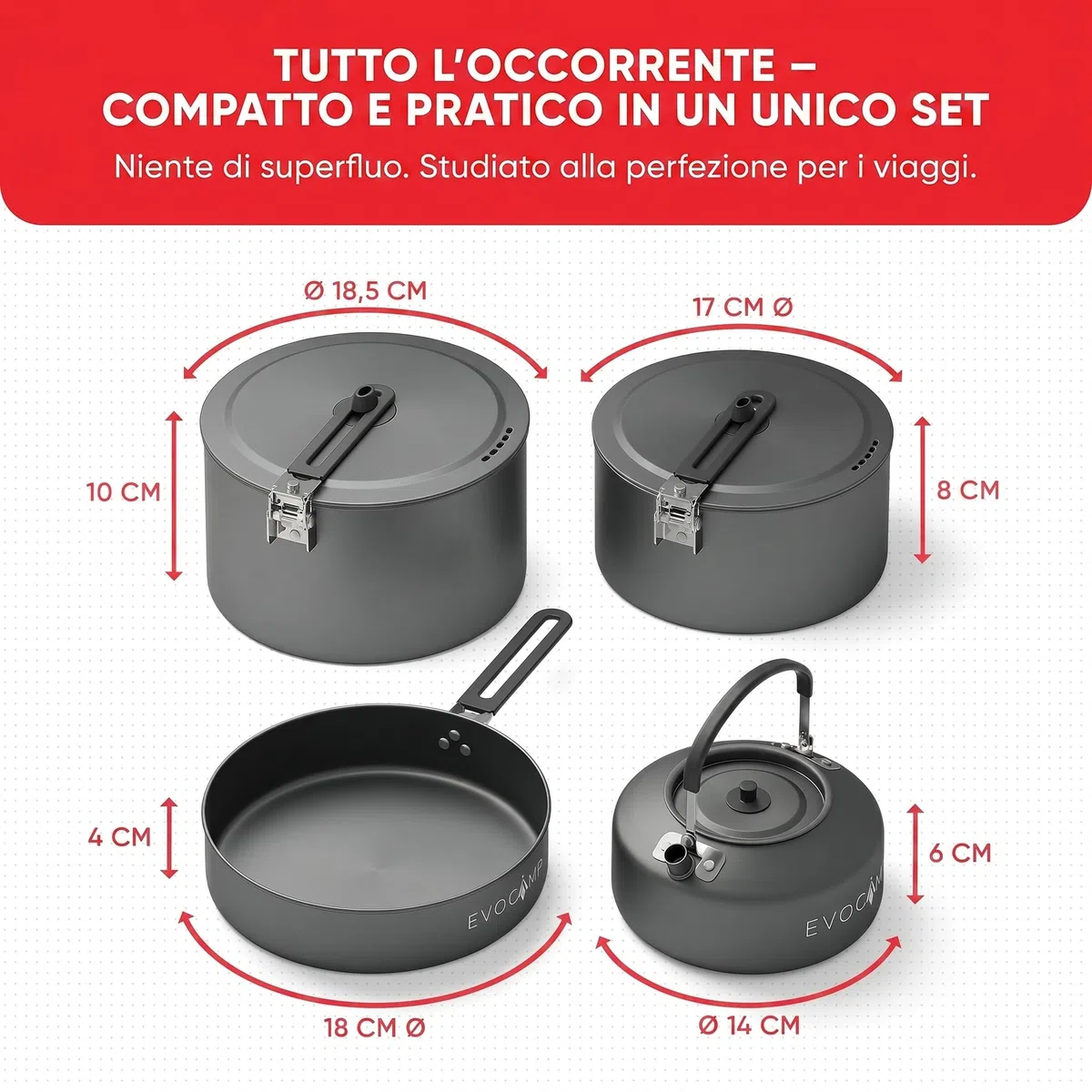 EVOCAMP Set pentole da campeggio 4 pezzi in alluminio, set cucina outdoor leggero e impilabile con manici pieghevoli e borsa da trasporto