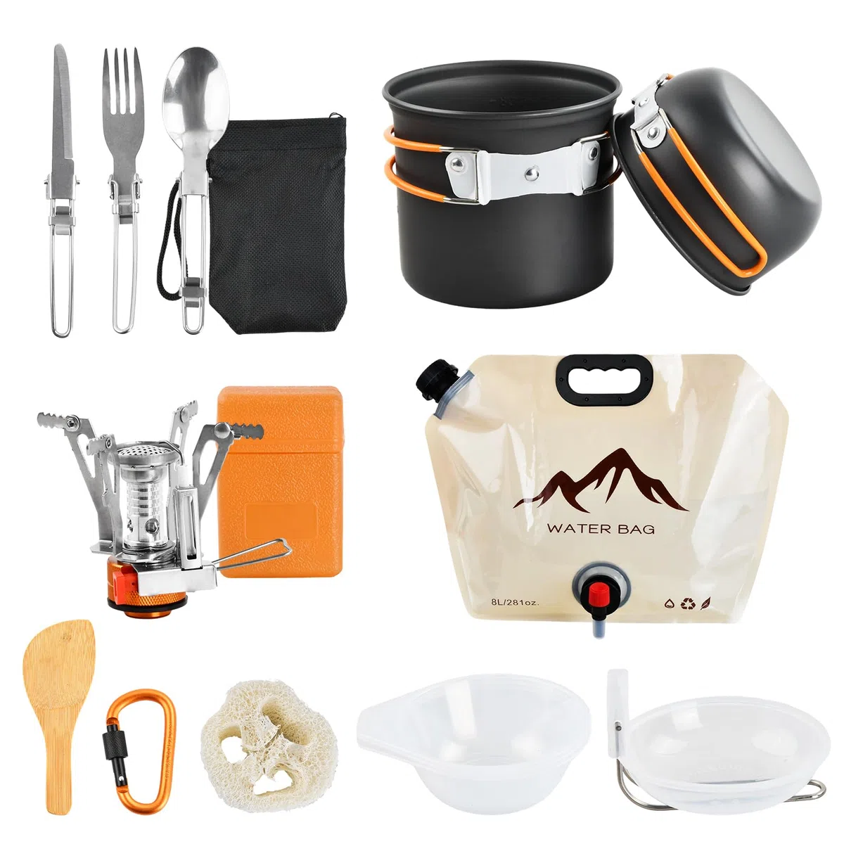 Set di Pentole da Campeggio Cucina Campeggio Utensili Set Gavetta Campeggio Portabile con Fornellino da Campeggio Tazza Piatti Posate Pieghevoli per Picnic Zaino in Spalla Trekking Escursionismo