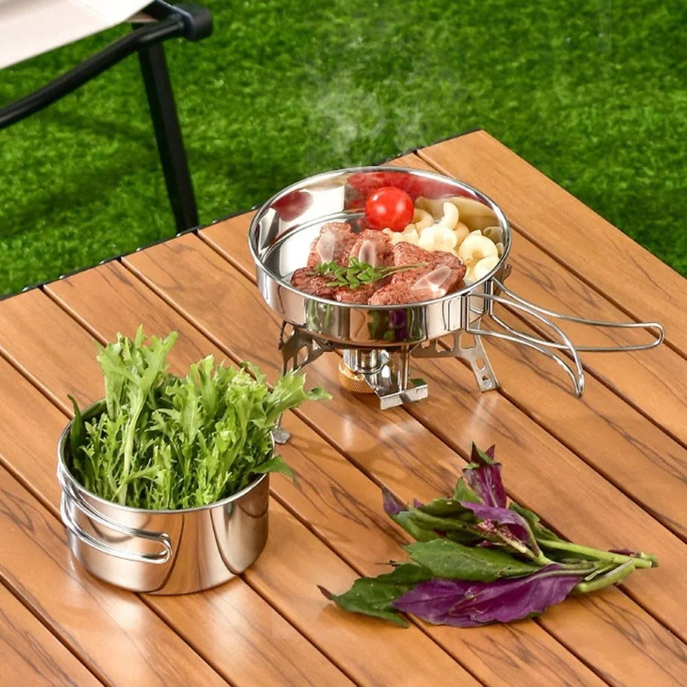 Set di 4 pentole da esterno in acciaio inox portatile da campeggio con manici pieghevoli, per escursioni, picnic, 2-3 persone