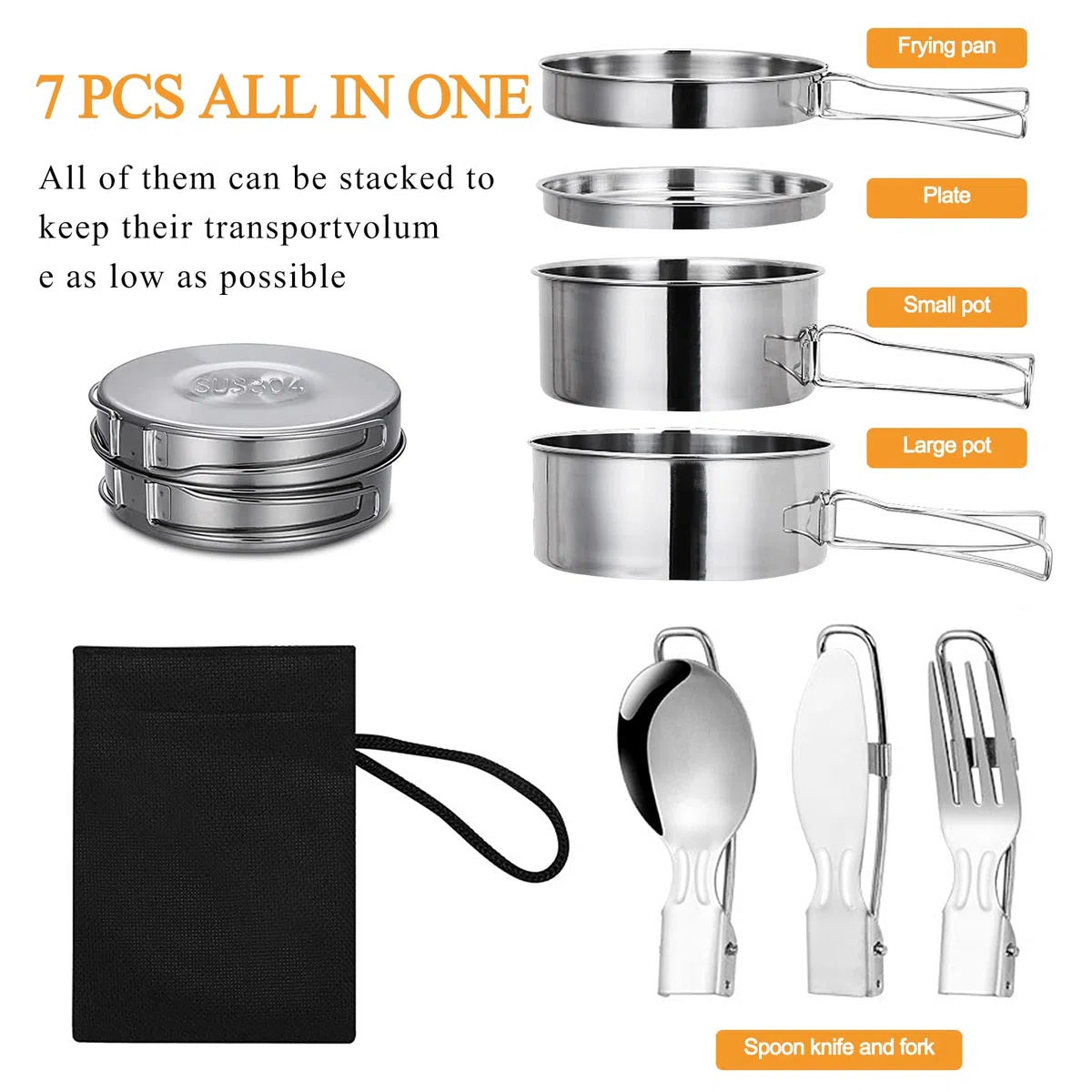 Set di Pentola da Campeggio in Acciaio Inox, Pentola Pieghevole e Impilabile per Outdoor, Utensili da Cucina da Campeggio con Pentola Padella da Campeggio, Tazza, Posate Pieghevoli e Sacchetti