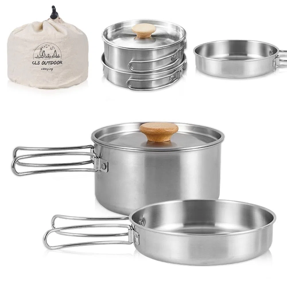 Set di pentole da campeggio, in acciaio inox, con coperchio e manico pieghevole, portatile, per campeggio, escursionismo, pesca, picnic