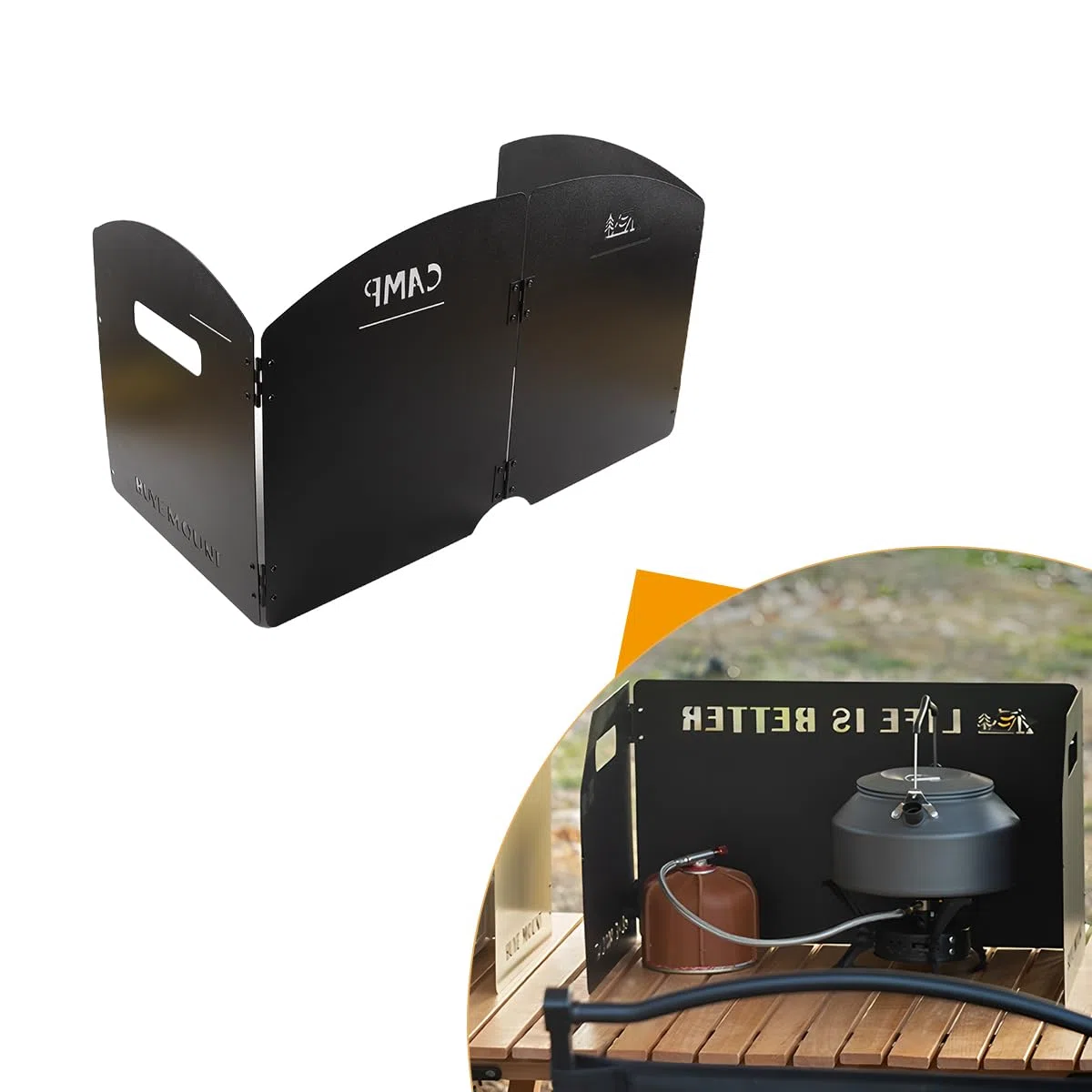 Parabrezza pieghevole per fornello da campeggio, divisori ispessiti, quattro pannelli, frangivento pieghevole nero con borsa per il trasporto
