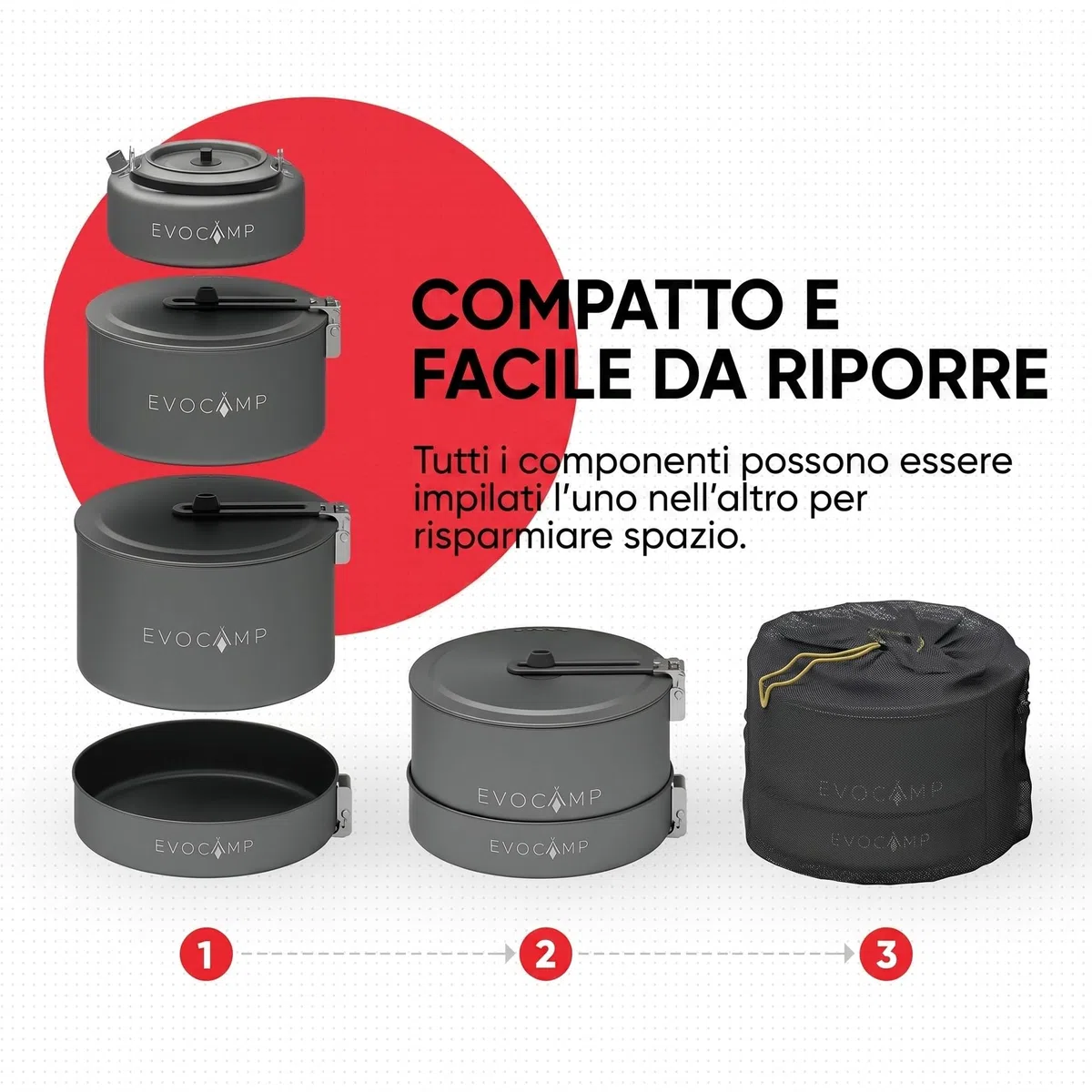 EVOCAMP Set pentole da campeggio 4 pezzi in alluminio, set cucina outdoor leggero e impilabile con manici pieghevoli e borsa da trasporto