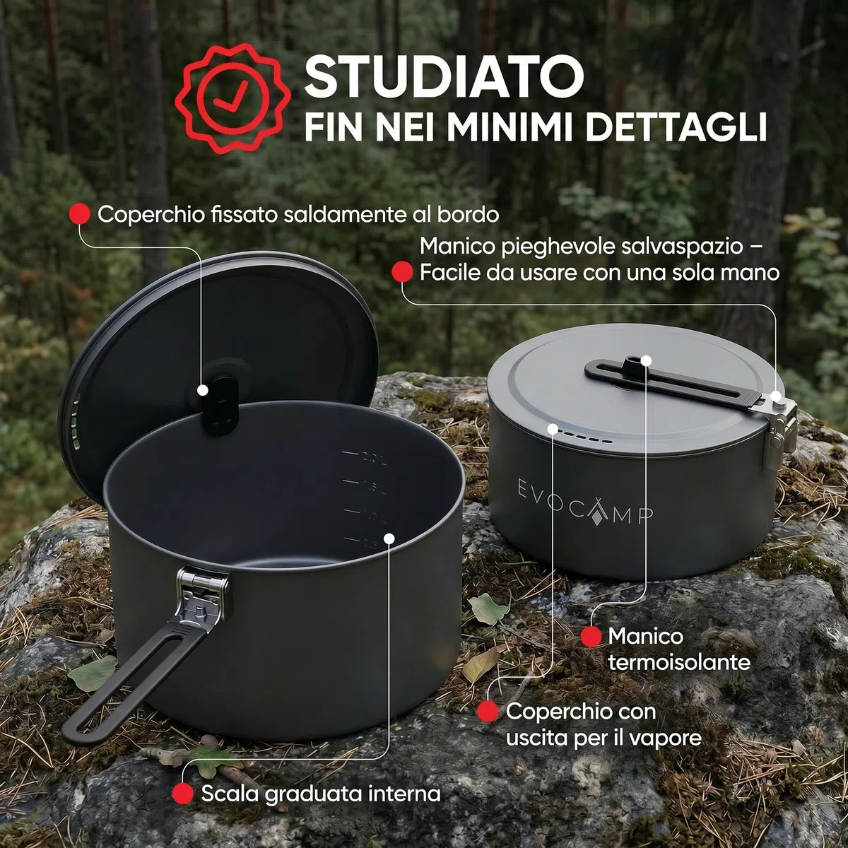 EVOCAMP Set pentole da campeggio 4 pezzi in alluminio, set cucina outdoor leggero e impilabile con manici pieghevoli e borsa da trasporto