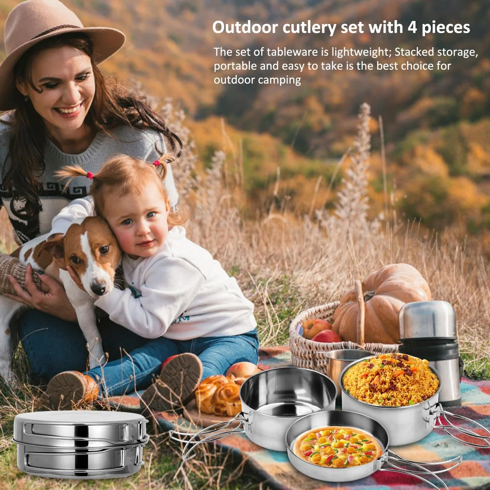 Dokeno 4 PCS Set di Pentole da Campeggio in Acciaio Inox, Pentola Pieghevole e Leggera per Outdoor, Picnic, Trekking e Escursione per 1-2 Persone