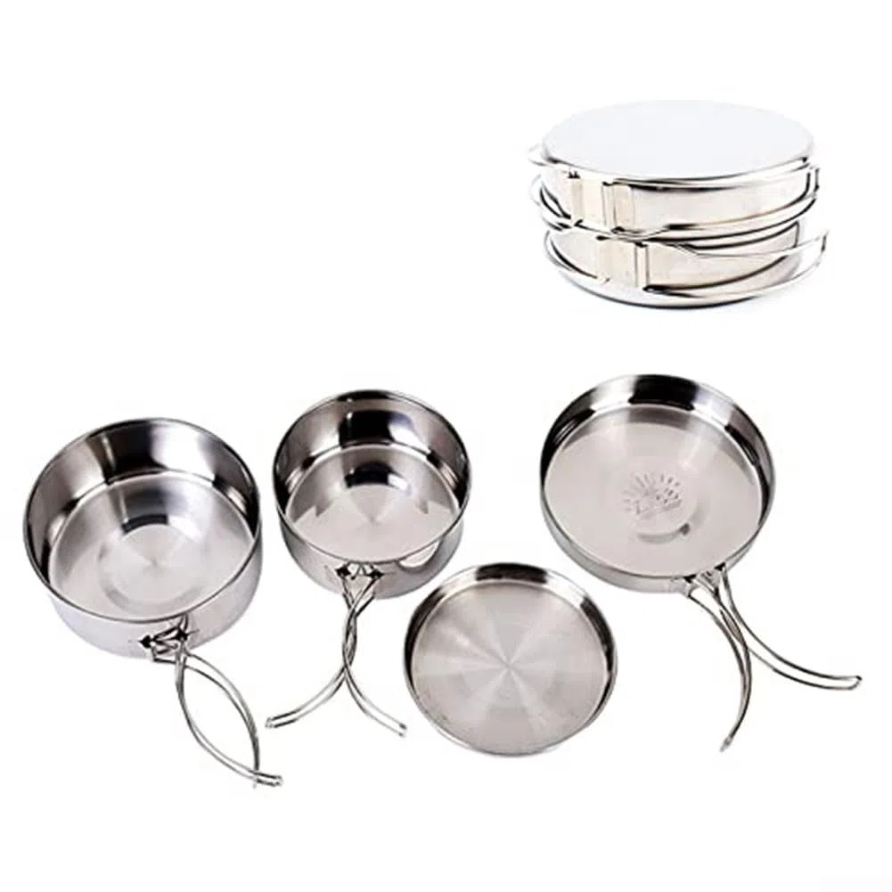 Set di 4 pentole da esterno in acciaio inox portatile da campeggio con manici pieghevoli, per escursioni, picnic, 2-3 persone