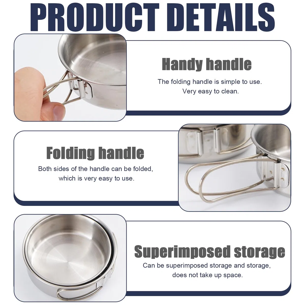 Set di 4 pentole da campeggio, in acciaio inox 304, con padella, portatile, set di pentole da campeggio, posate pieghevoli per esterni, per pentole da viaggio, escursionismo