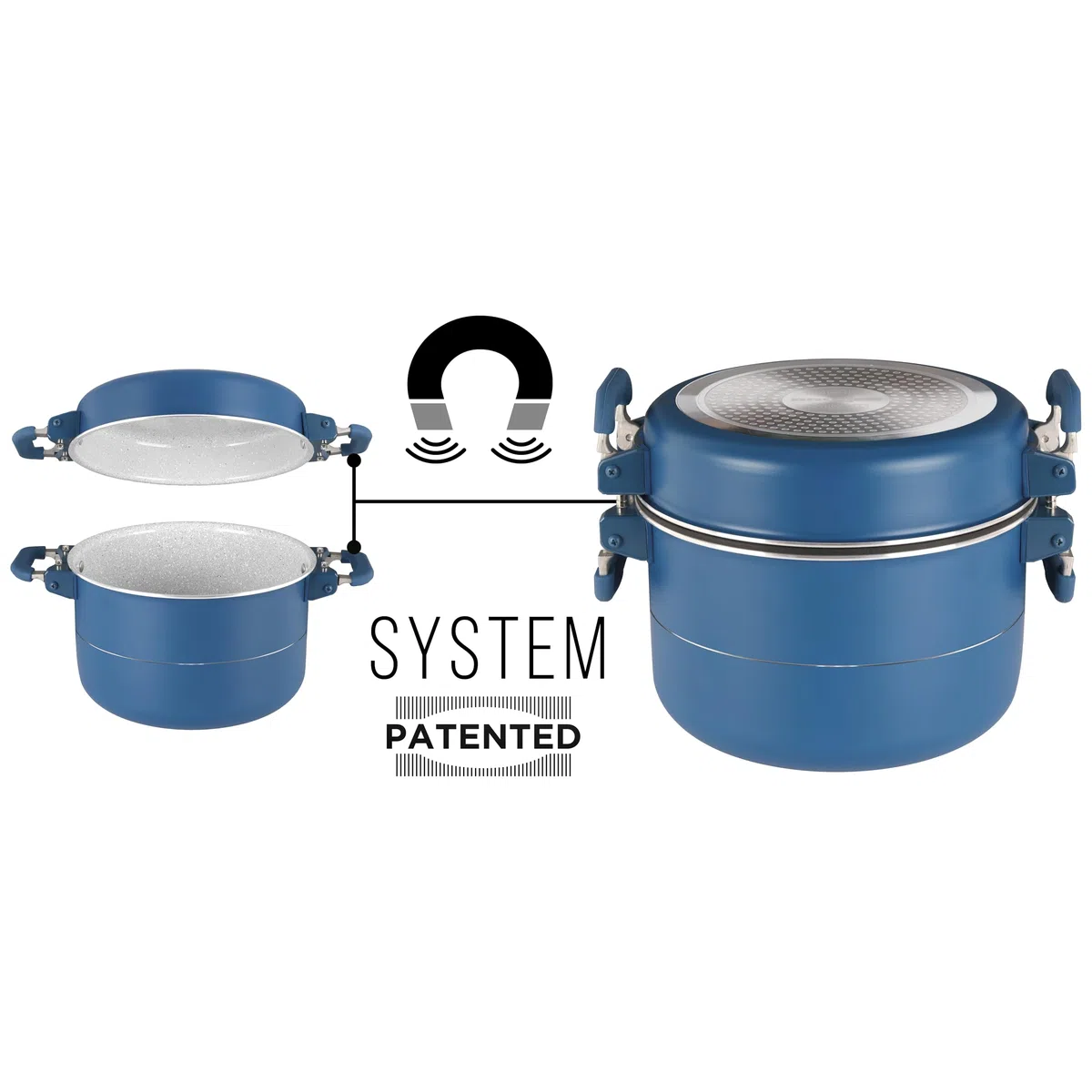 Brunner Carezza Magnetogrip - Set di pentole e padelle in ceramica antiaderenti compatibili con induzione, per camper, roulotte e barca, design impilabile salvaspazio con manici magnetici pieghevoli