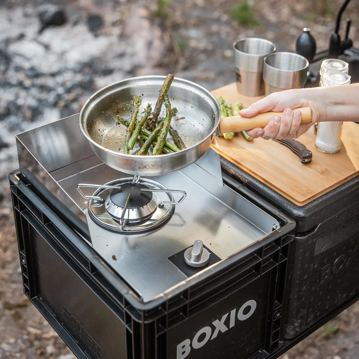 BOXIO - Cookware: padella da campeggio e set di pentole in acciaio inox da campeggio con padella, bollitore e pentole, ideale per cucina da campeggio, fornello a gas o fornello da campeggio, cucina