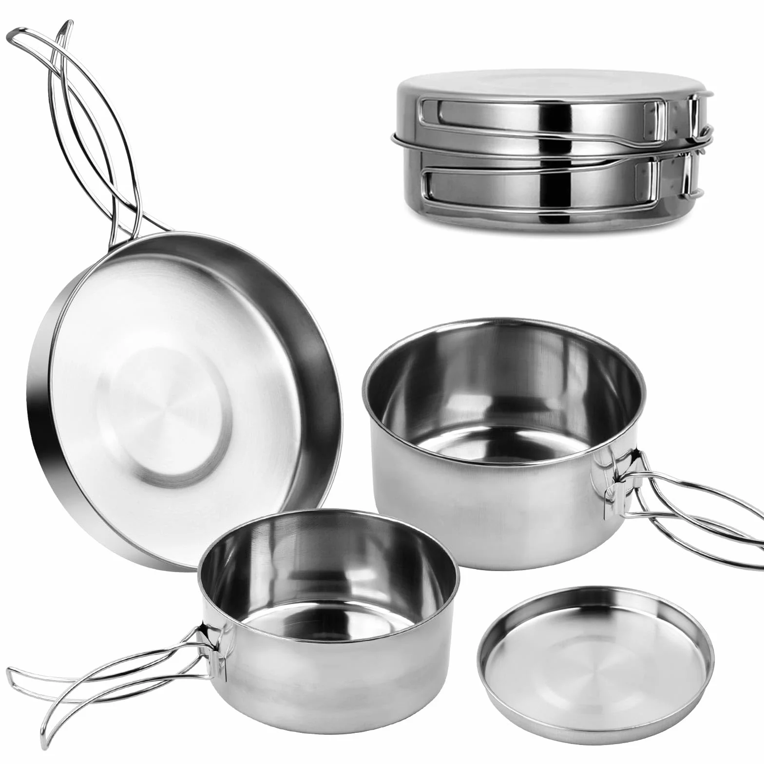 Dokeno 4 PCS Set di Pentole da Campeggio in Acciaio Inox, Pentola Pieghevole e Leggera per Outdoor, Picnic, Trekking e Escursione per 1-2 Persone