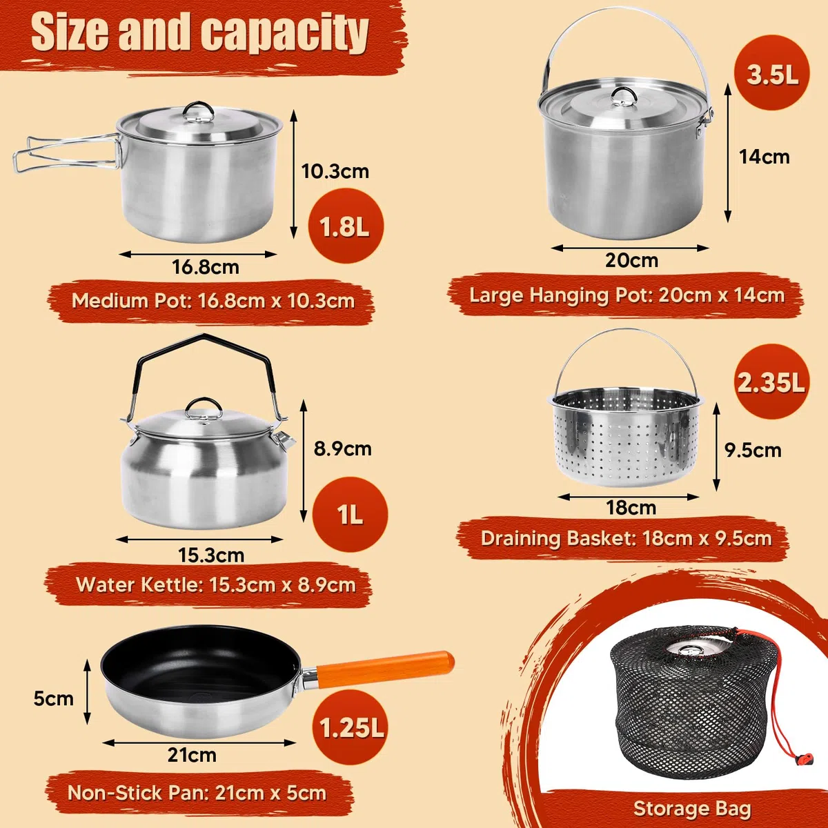 Set di pentole da campeggio Denmay, set di pentole da campeggio in acciaio inox, set di pentole e padelle da campeggio, pentole da campeggio in acciaio inox per cucina da campeggio, 5 pezzi