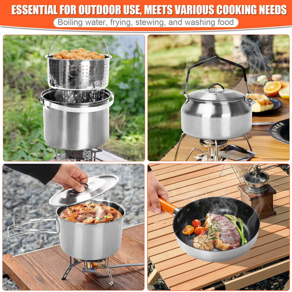 GFTIME Set di pentole da campeggio, in acciaio inox, da campeggio, 5 pezzi