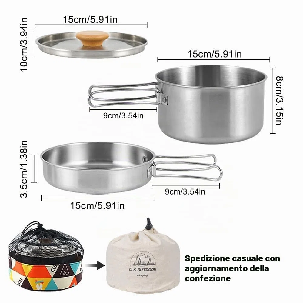 Set di pentole da campeggio, in acciaio inox, con coperchio e manico pieghevole, portatile, per campeggio, escursionismo, pesca, picnic