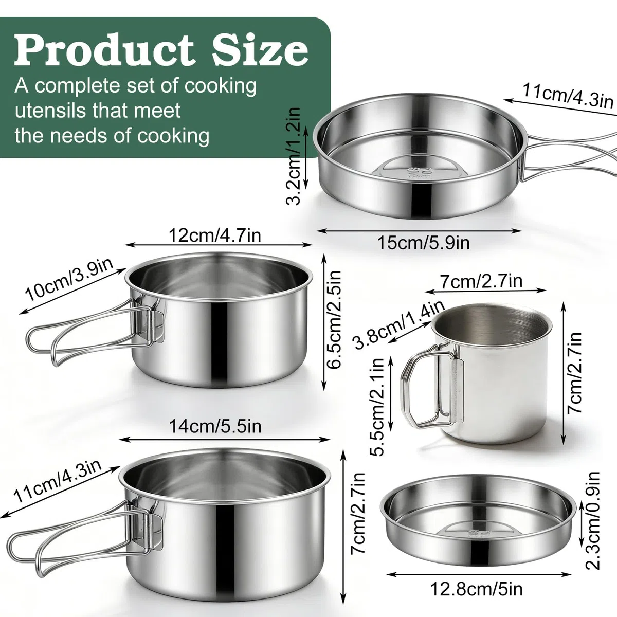 Set di 5 pentole da campeggio, in acciaio inox, da campeggio, da cucina, con coperchio e manico, pieghevole e impilabile, per escursioni, picnic, viaggi