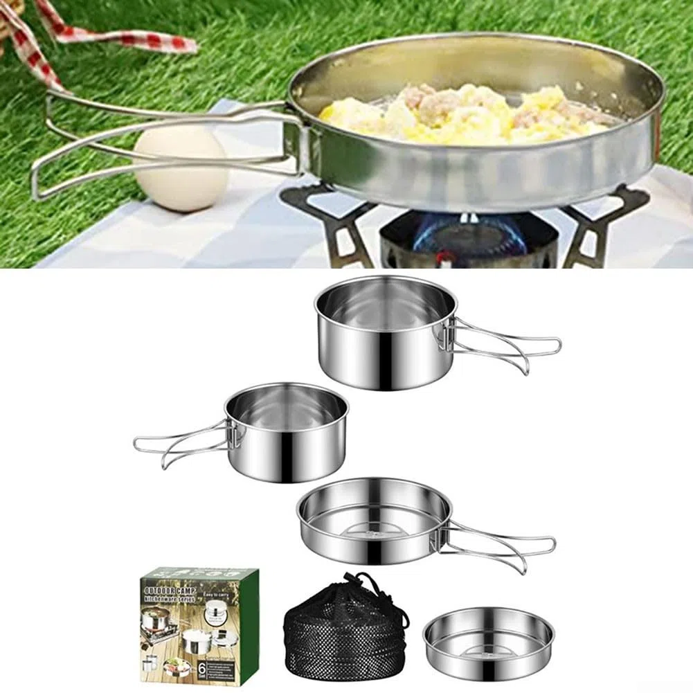 Set di 4 pentole da esterno in acciaio inox portatile da campeggio con manici pieghevoli, per escursioni, picnic, 2-3 persone
