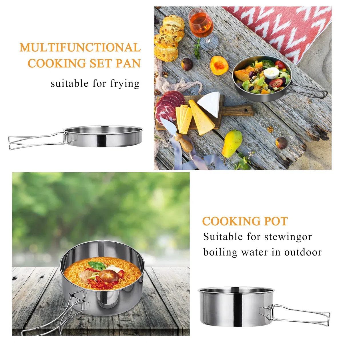 Set di Pentola da Campeggio in Acciaio Inox, Pentola Pieghevole e Impilabile per Outdoor, Utensili da Cucina da Campeggio con Pentola Padella da Campeggio, Tazza, Posate Pieghevoli e Sacchetti