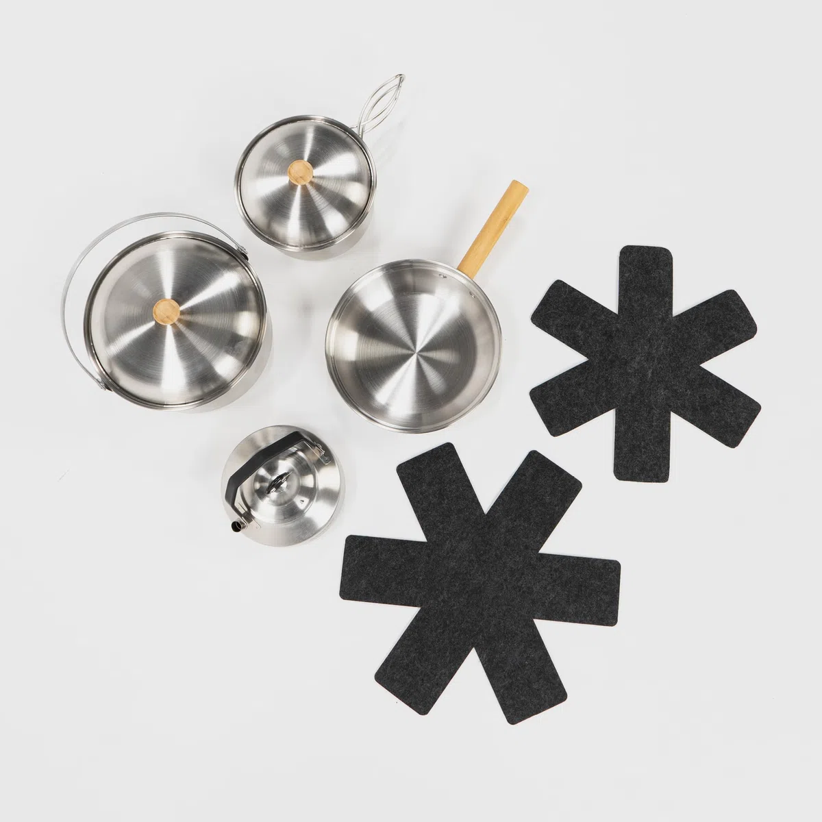 BOXIO - Cookware: padella da campeggio e set di pentole in acciaio inox da campeggio con padella, bollitore e pentole, ideale per cucina da campeggio, fornello a gas o fornello da campeggio, cucina