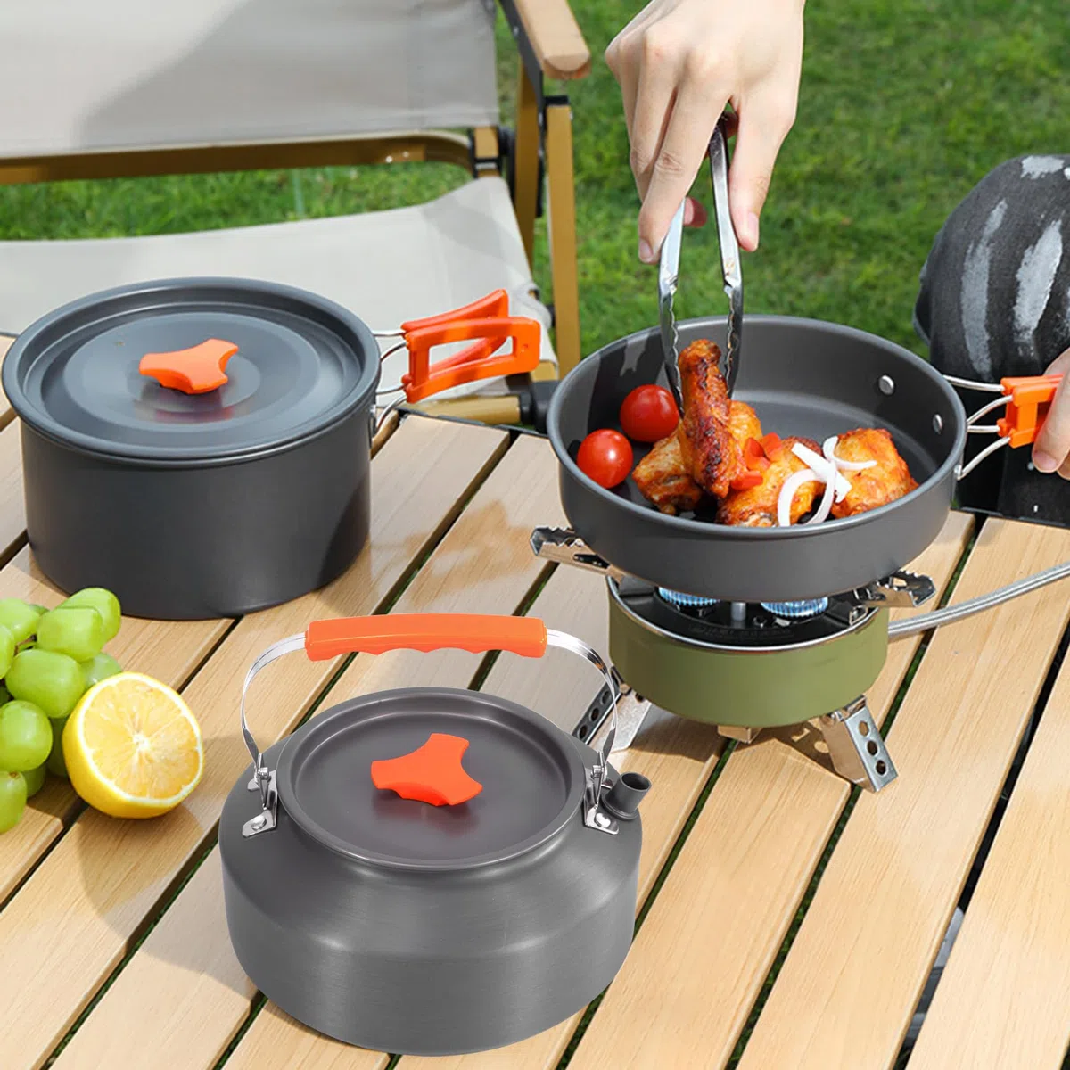 Set di Pentole da Campeggio Kit di Piatti All'aperto con Pentole Padella Teiere per Viaggia per l'Escursionismo Pesca Picnic