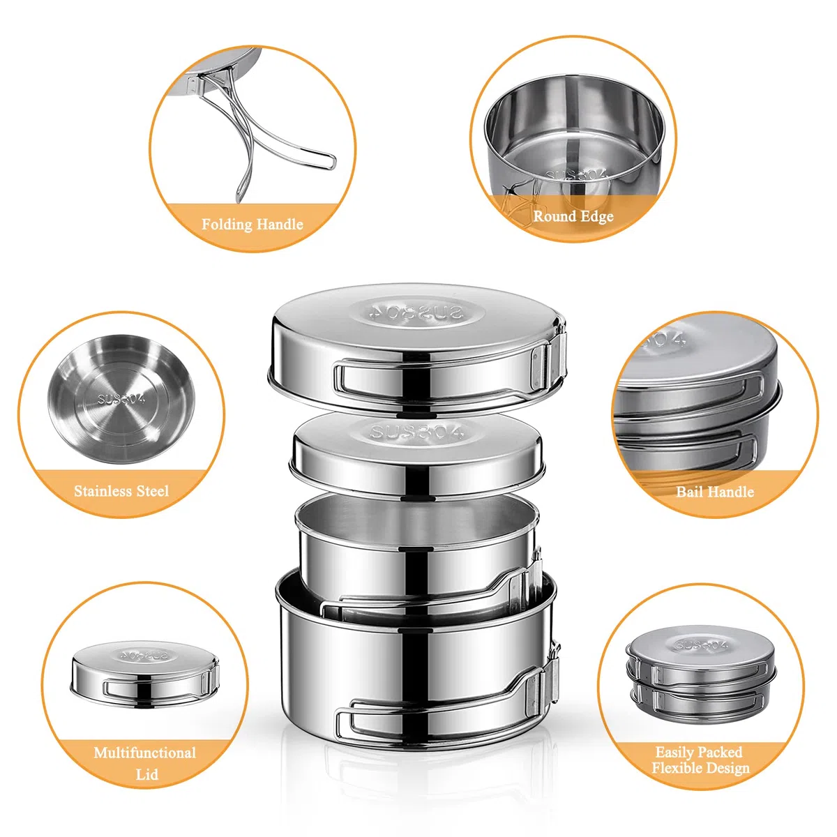 Set di Pentola da Campeggio in Acciaio Inox, Pentola Pieghevole e Impilabile per Outdoor, Utensili da Cucina da Campeggio con Pentola Padella da Campeggio, Tazza, Posate Pieghevoli e Sacchetti