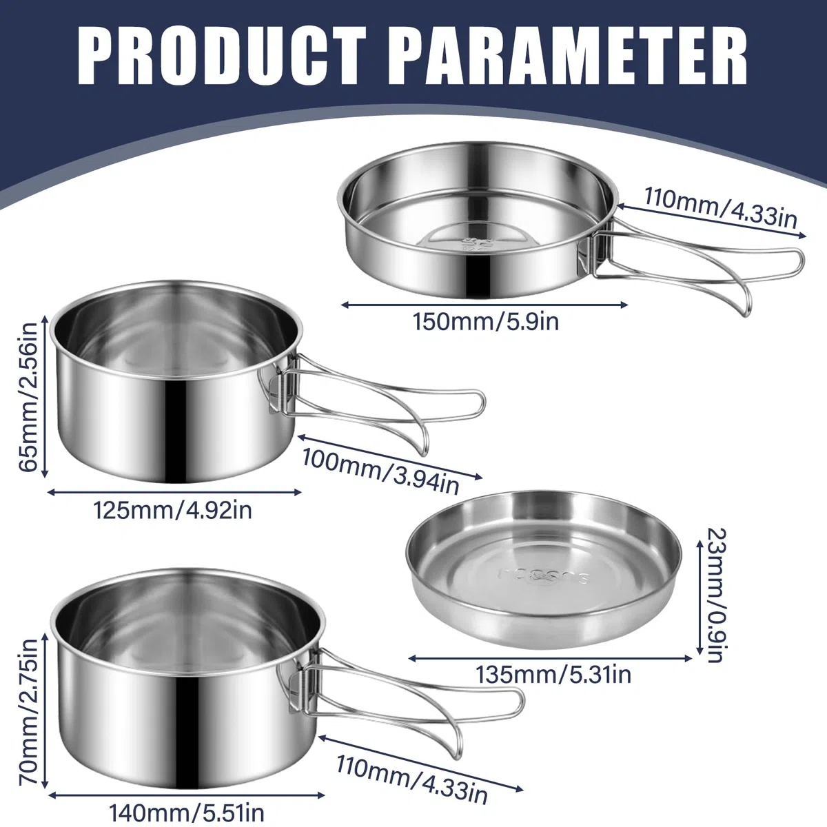 Set di 4 pentole da campeggio, in acciaio inox 304, con padella, portatile, set di pentole da campeggio, posate pieghevoli per esterni, per pentole da viaggio, escursionismo