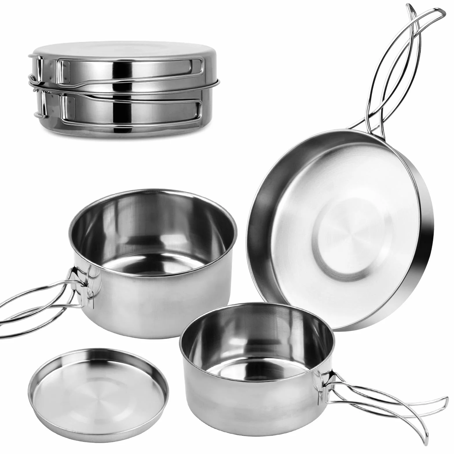 Dokeno 4 PCS Set di Pentole da Campeggio in Acciaio Inox, Pentola Pieghevole e Leggera per Outdoor, Picnic, Trekking e Escursione per 1-2 Persone