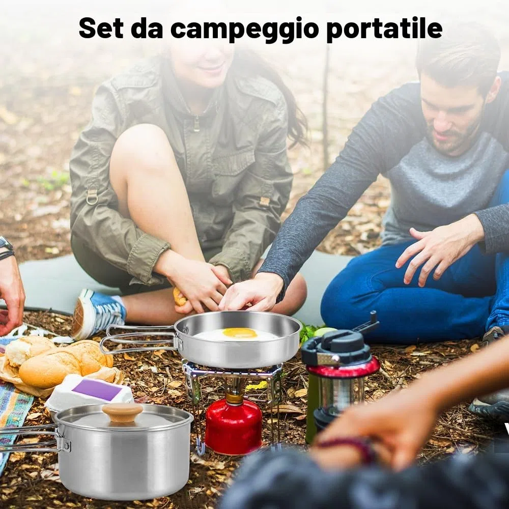 Set di pentole da campeggio, in acciaio inox, con coperchio e manico pieghevole, portatile, per campeggio, escursionismo, pesca, picnic