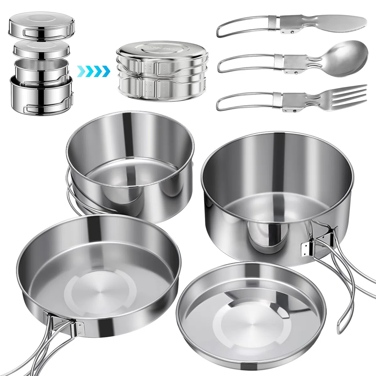 Set di Pentola da Campeggio in Acciaio Inox, Pentola Pieghevole e Impilabile per Outdoor, Utensili da Cucina da Campeggio con Pentola Padella da Campeggio, Tazza, Posate Pieghevoli e Sacchetti
