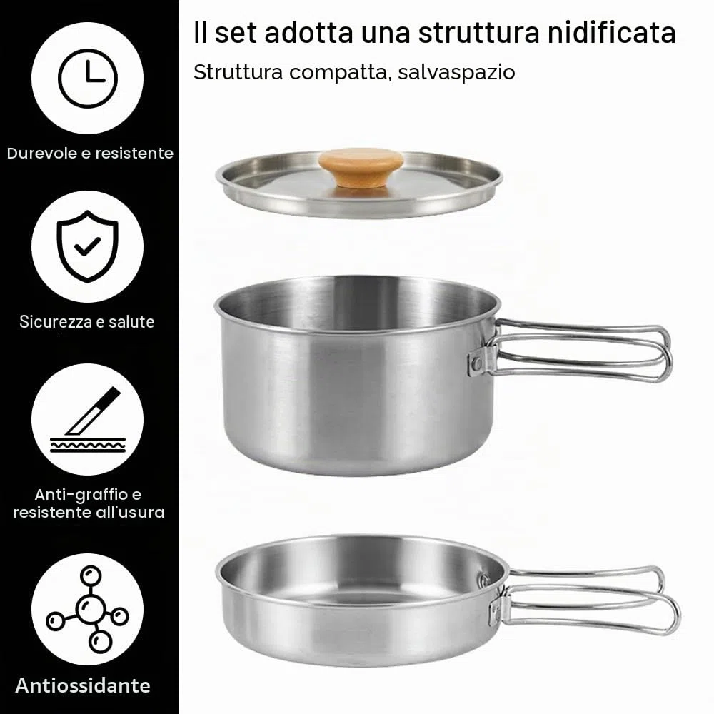 Set di pentole da campeggio, in acciaio inox, con coperchio e manico pieghevole, portatile, per campeggio, escursionismo, pesca, picnic
