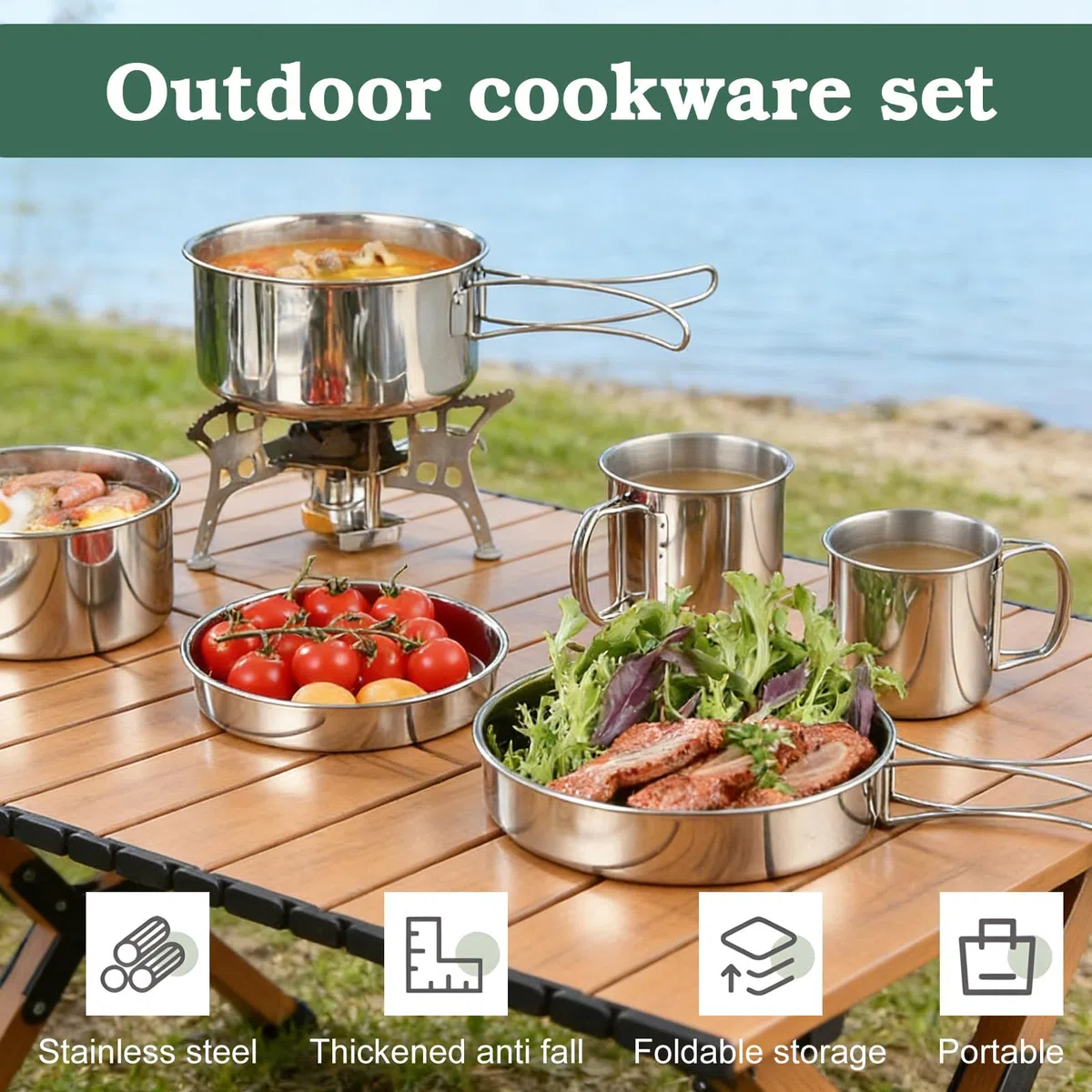 Set di 5 pentole da campeggio, in acciaio inox, da campeggio, da cucina, con coperchio e manico, pieghevole e impilabile, per escursioni, picnic, viaggi
