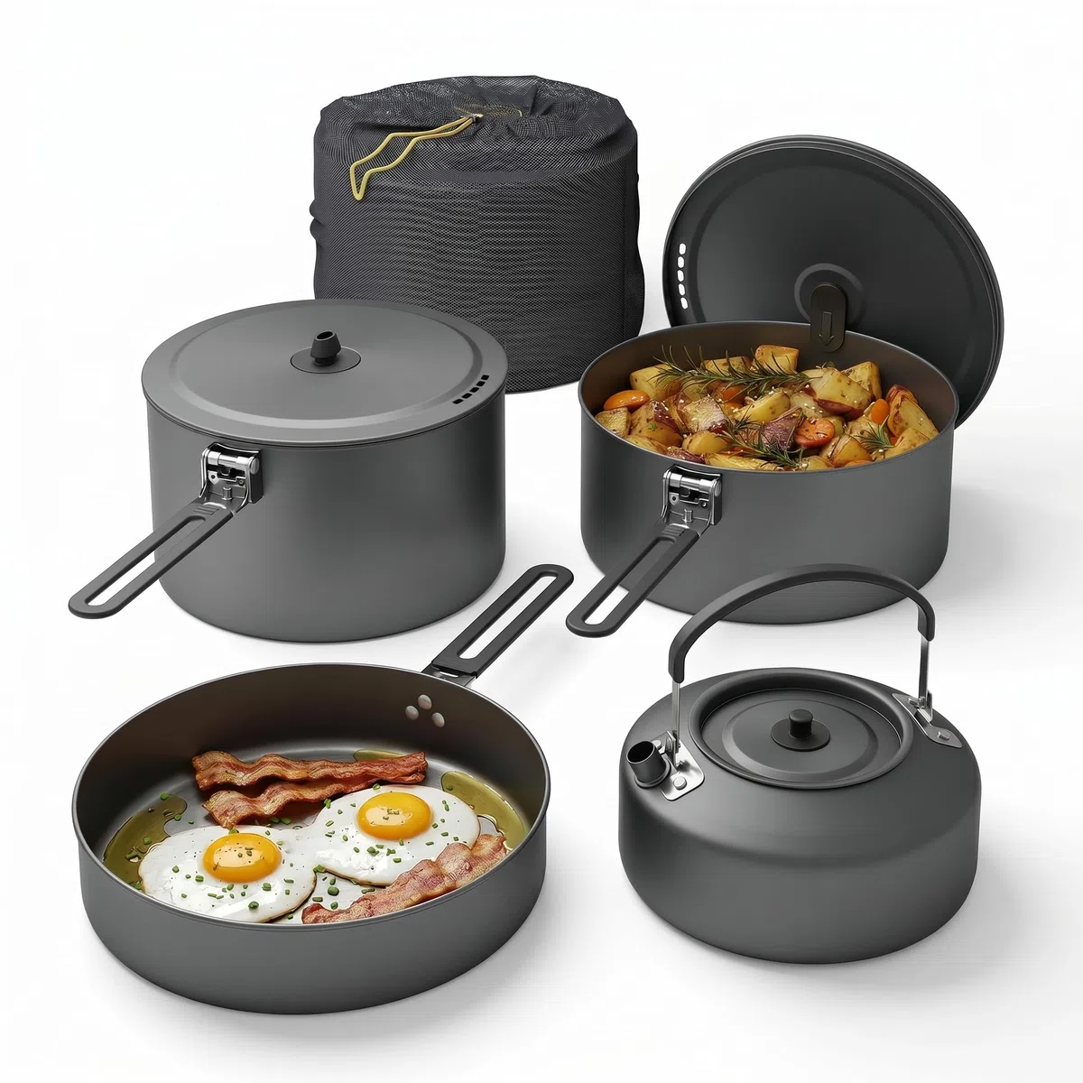 EVOCAMP Set pentole da campeggio 4 pezzi in alluminio, set cucina outdoor leggero e impilabile con manici pieghevoli e borsa da trasporto